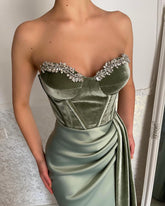 Glamorous Long Green Strapless Velvet Prom Dress With Slit